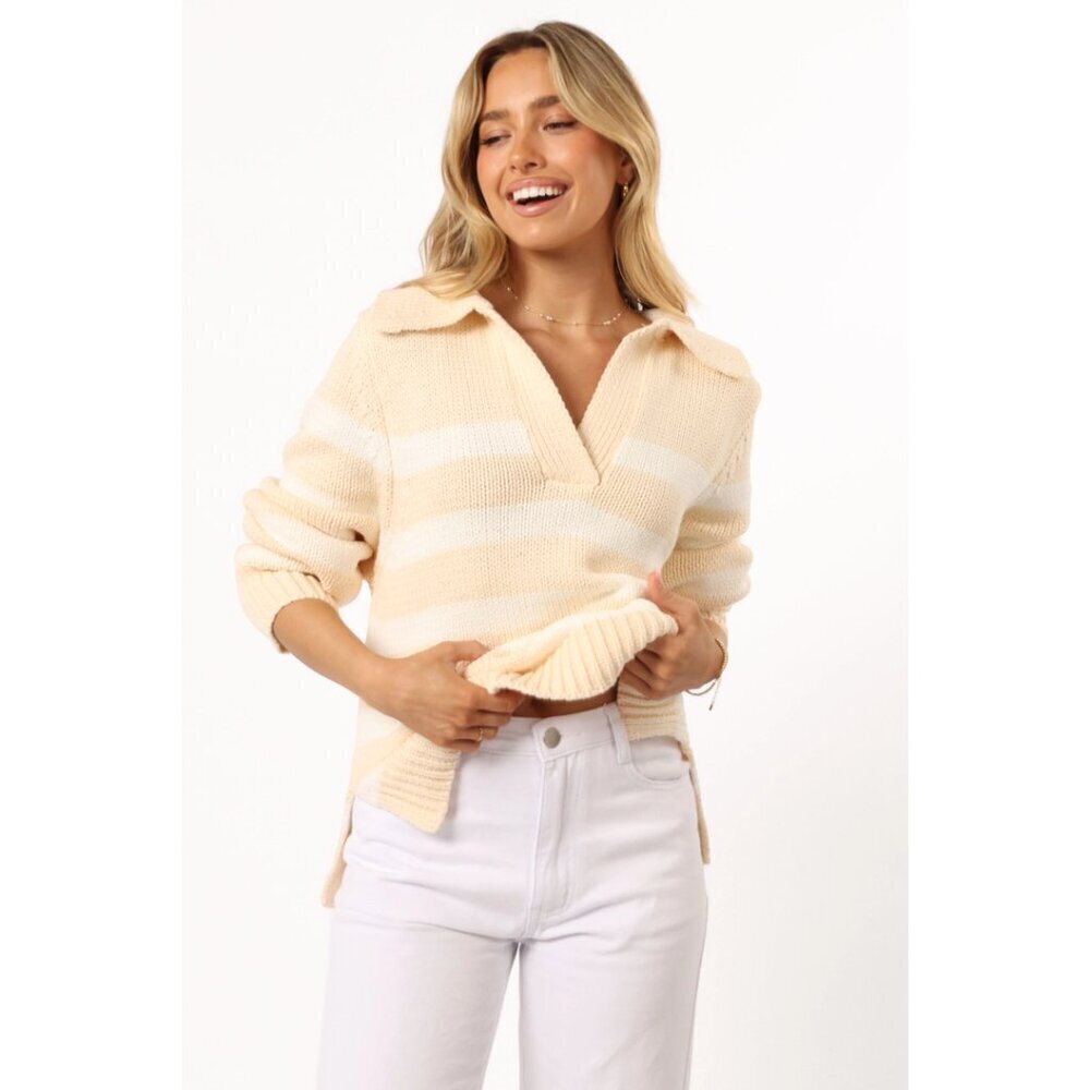 PETAL & PUP Shea Stripe Johnny Collar Sweater in Cream Size X-Small